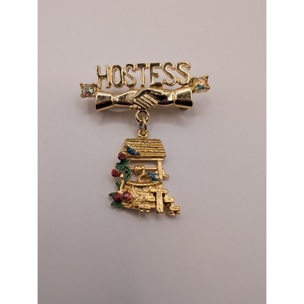 Vintage Direct Sales Hostess Pin 1992 Lindeburg Handshake Wishing Well Dangle